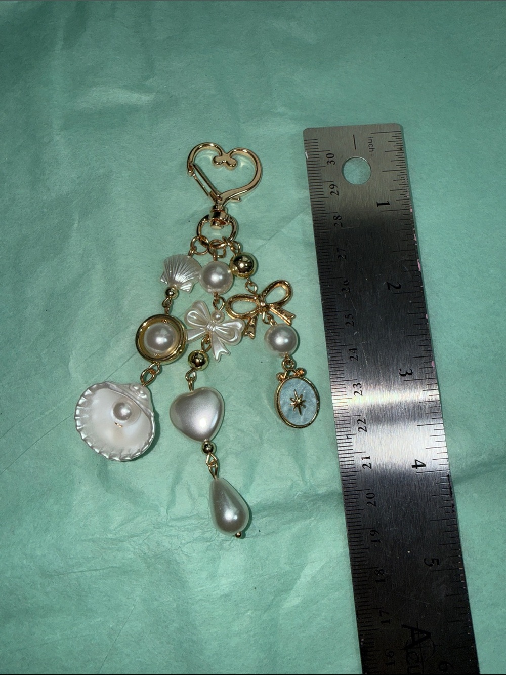 Gold Tone & Acrylic Pearl Shell Charm Pendant Keychain with Heart and Bow